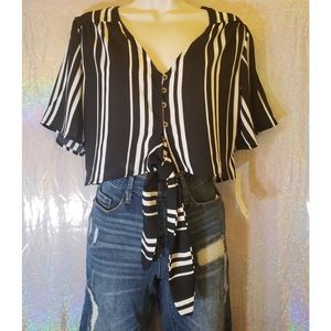 Live To Be Spoiled Size Small Black and White Stripped Crop Top T-Shirt with Tie